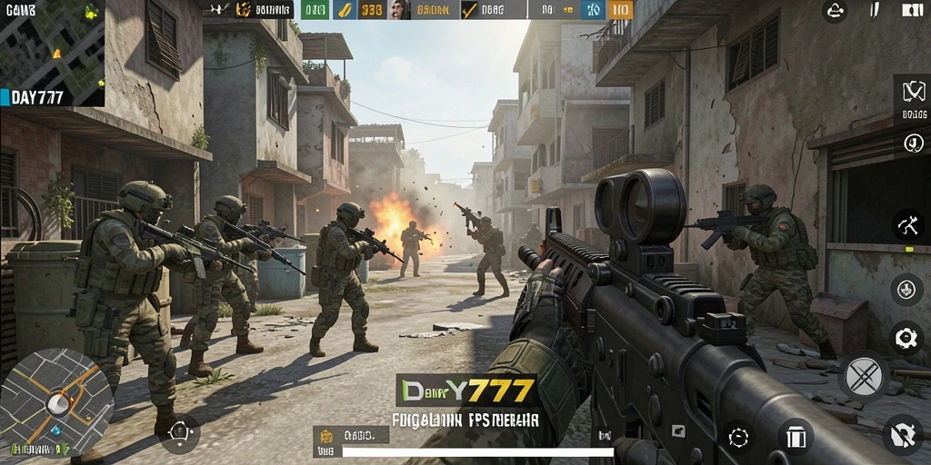 Screenshot gameplay DAY777 menampilkan aksi menegangkan dalam pertempuran FPS.