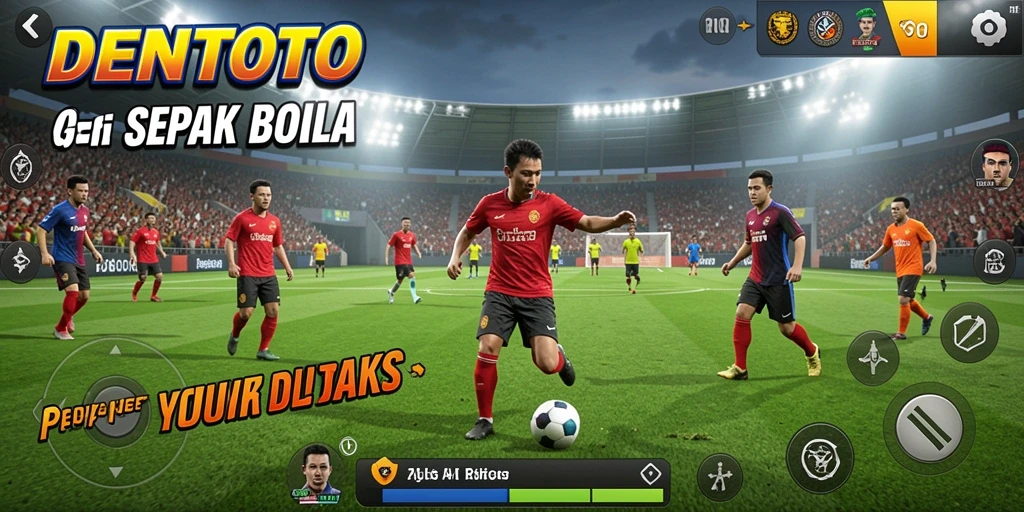 Tampilan gameplay DENTOTO menampilkan aksi pertandingan sepak bola yang seru dan mendebarkan.